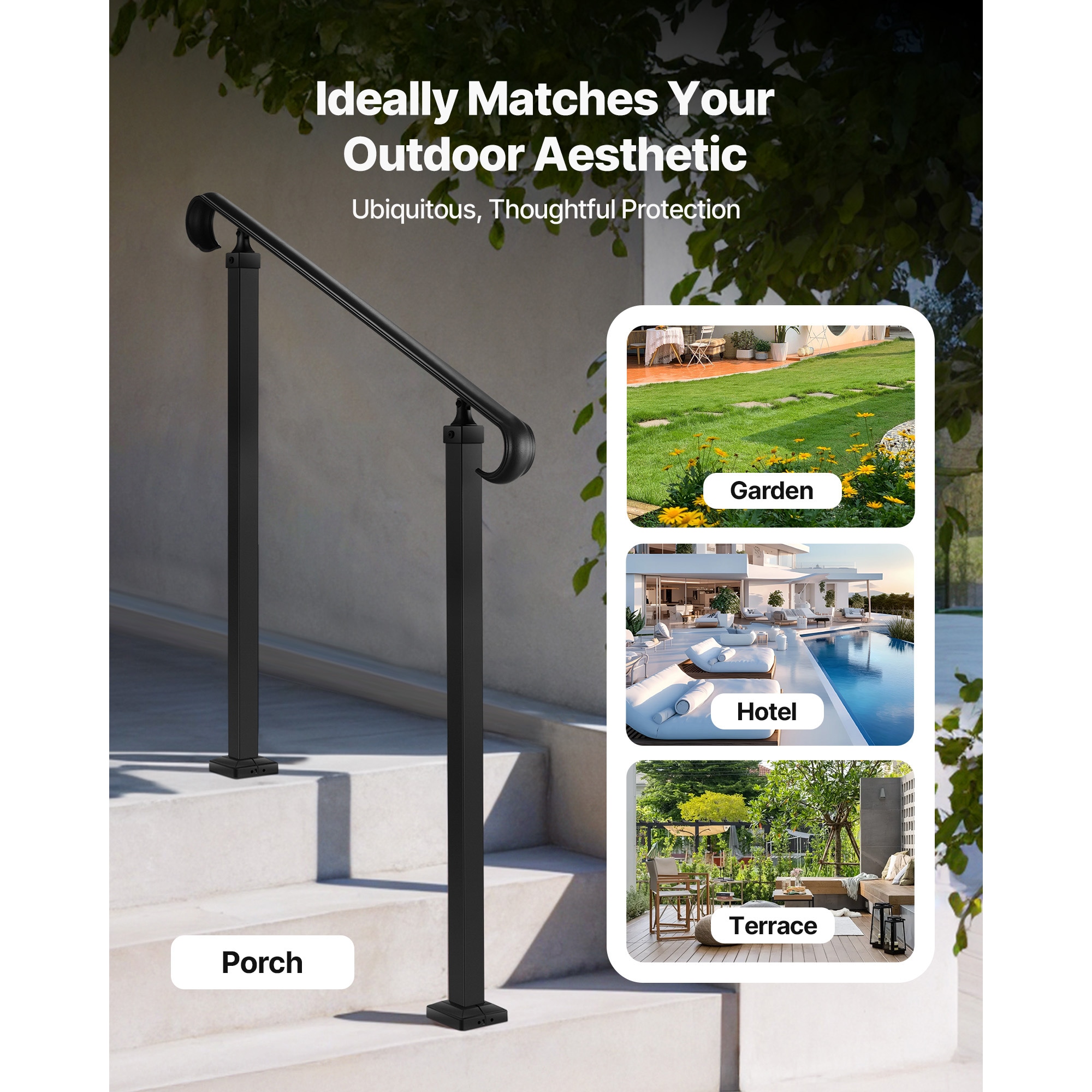 Outdoor Handrail For Steps Adjustable Carbon Steel Matte Black_voghion.com